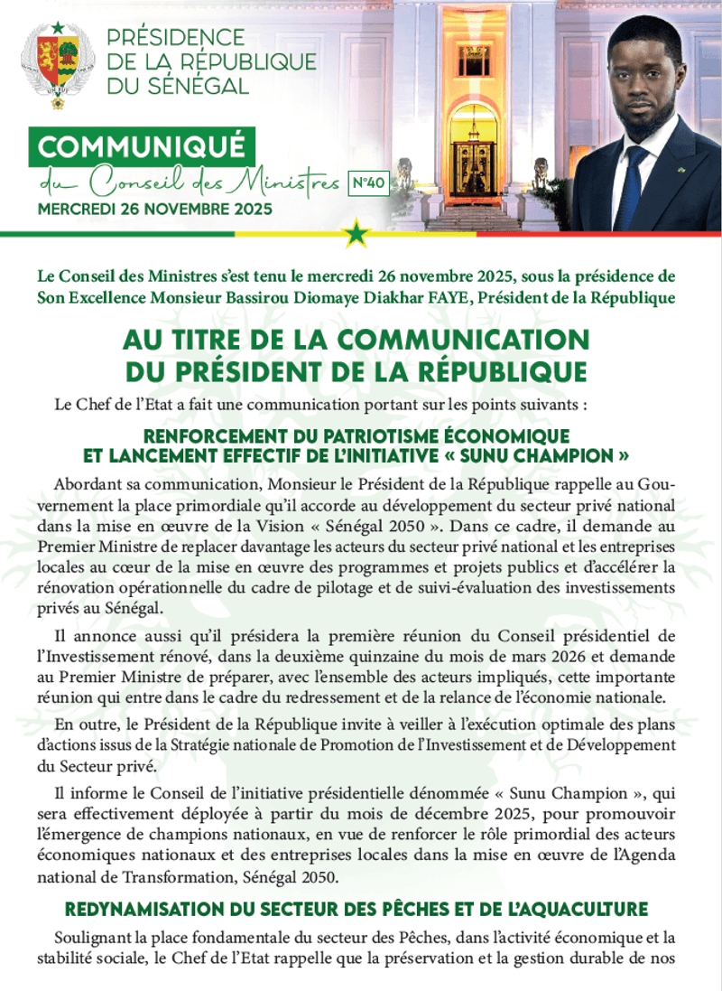 Conseil des ministres du 26 Novembre 2025