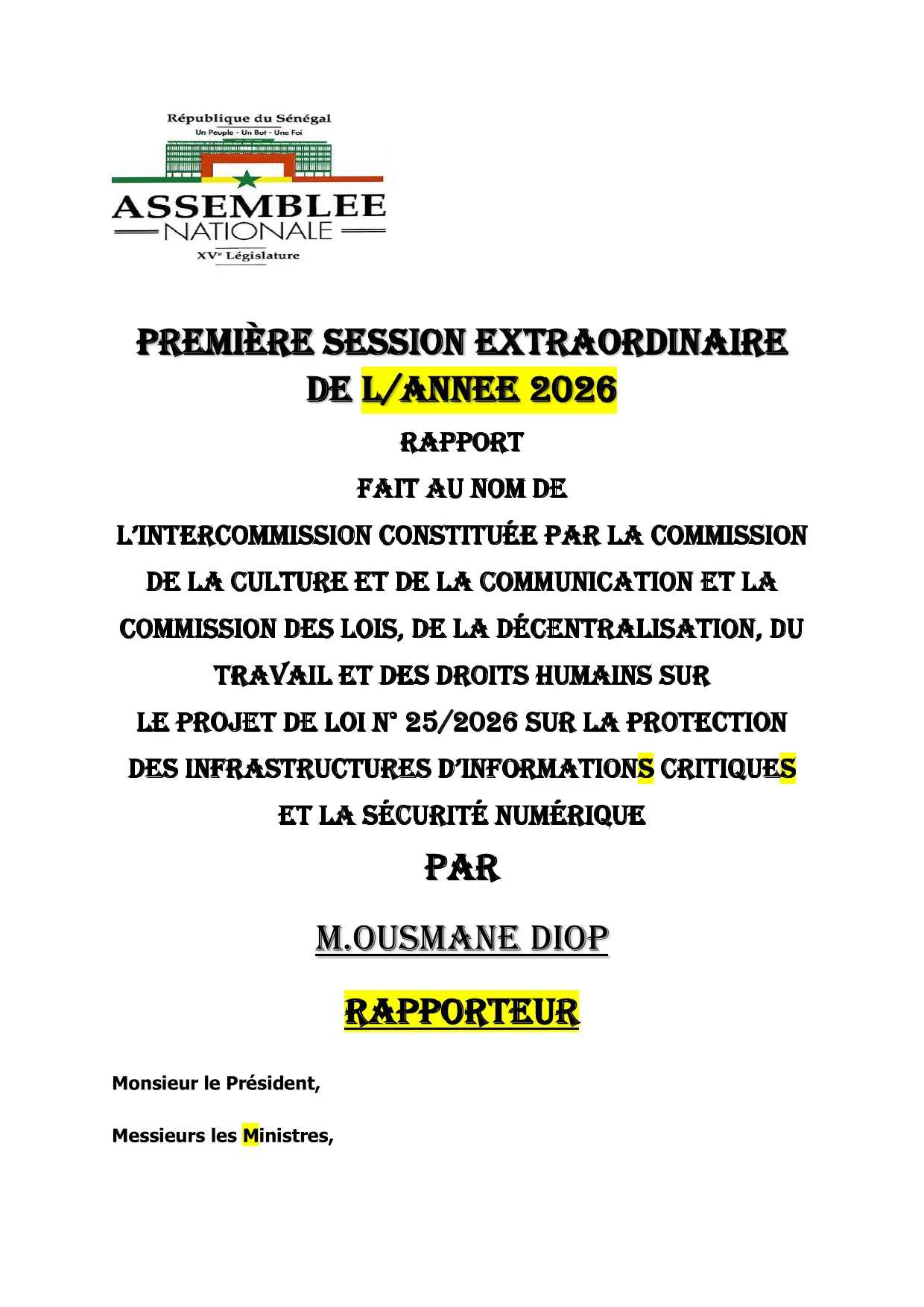 Rapport Projet de loi n°25/2026 – Protection des infrastructures d'informations critiques et sécurité numérique - Assemblée nationale du Sénégal 
