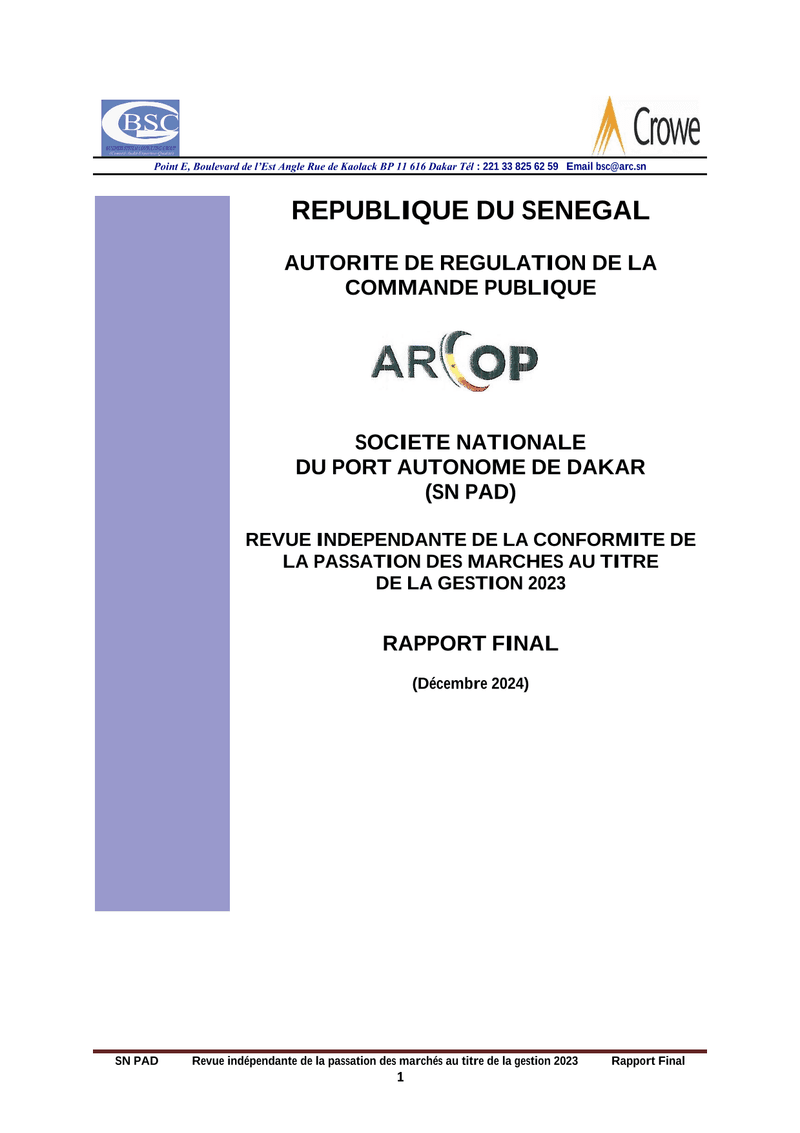 Rapport final d’audit de conformité des marchés publics 2023 de la Société nationale du Port autonome de Dakar – ARCOP
