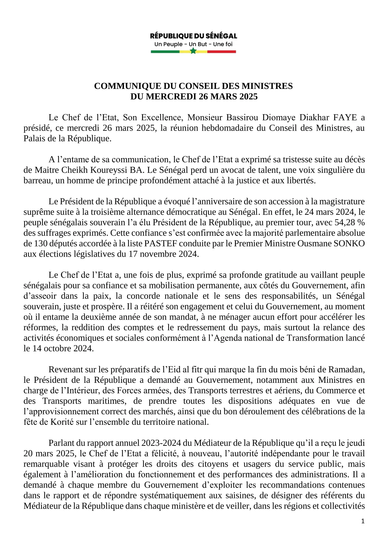 Conseil des ministres du 26 mars 2025