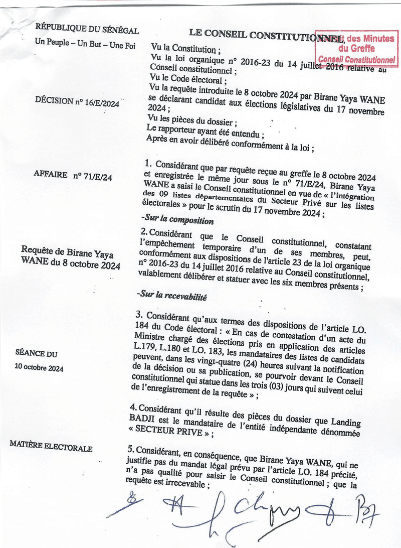 Décision n° 16/E/2024 du 10 octobre 2024 portant irrecevabilité de la requête de Birane Yaya WANE sur l’intégration de listes électorales – Conseil constitutionnel du Sénégal