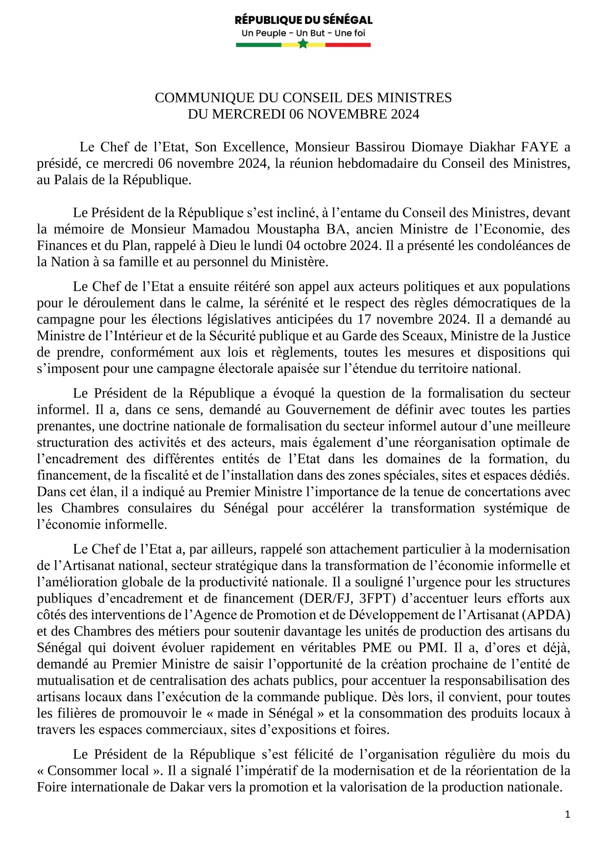 Conseil des ministres du 06 novembre 2024