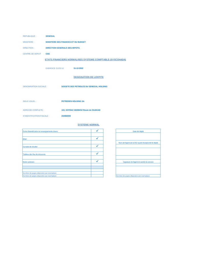 États financiers 2022 de la Société des Pétroles du Sénégal Holding (PETROSEN Holding SA) – PETROSEN