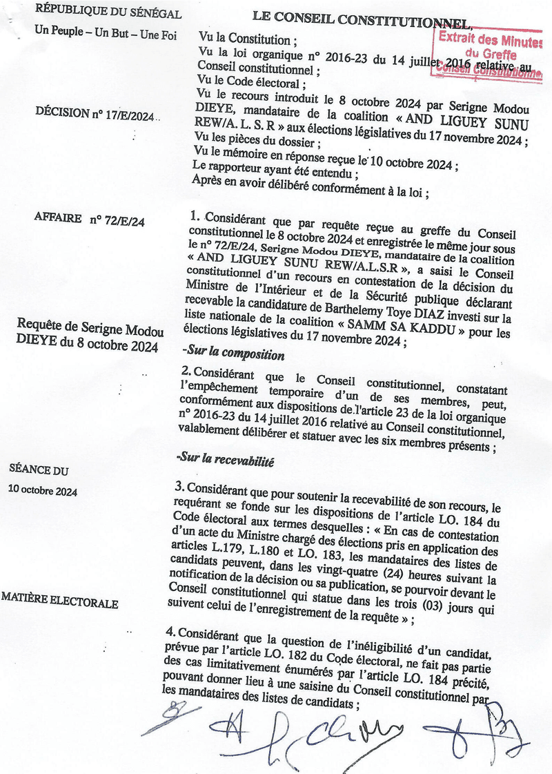 Décision n° 17/E/2024 du 10 octobre 2024 sur l’irrecevabilité d’un recours contre la candidature de Barthélemy Toye DIAZ aux élections législatives – Conseil constitutionnel du Sénégal