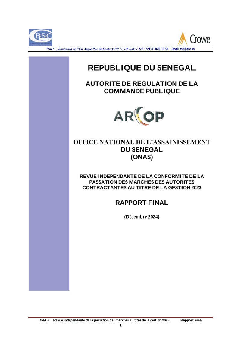 Rapport d’audit de conformité de la passation des marchés de l’ONAS pour la gestion 2023 – ARCOP