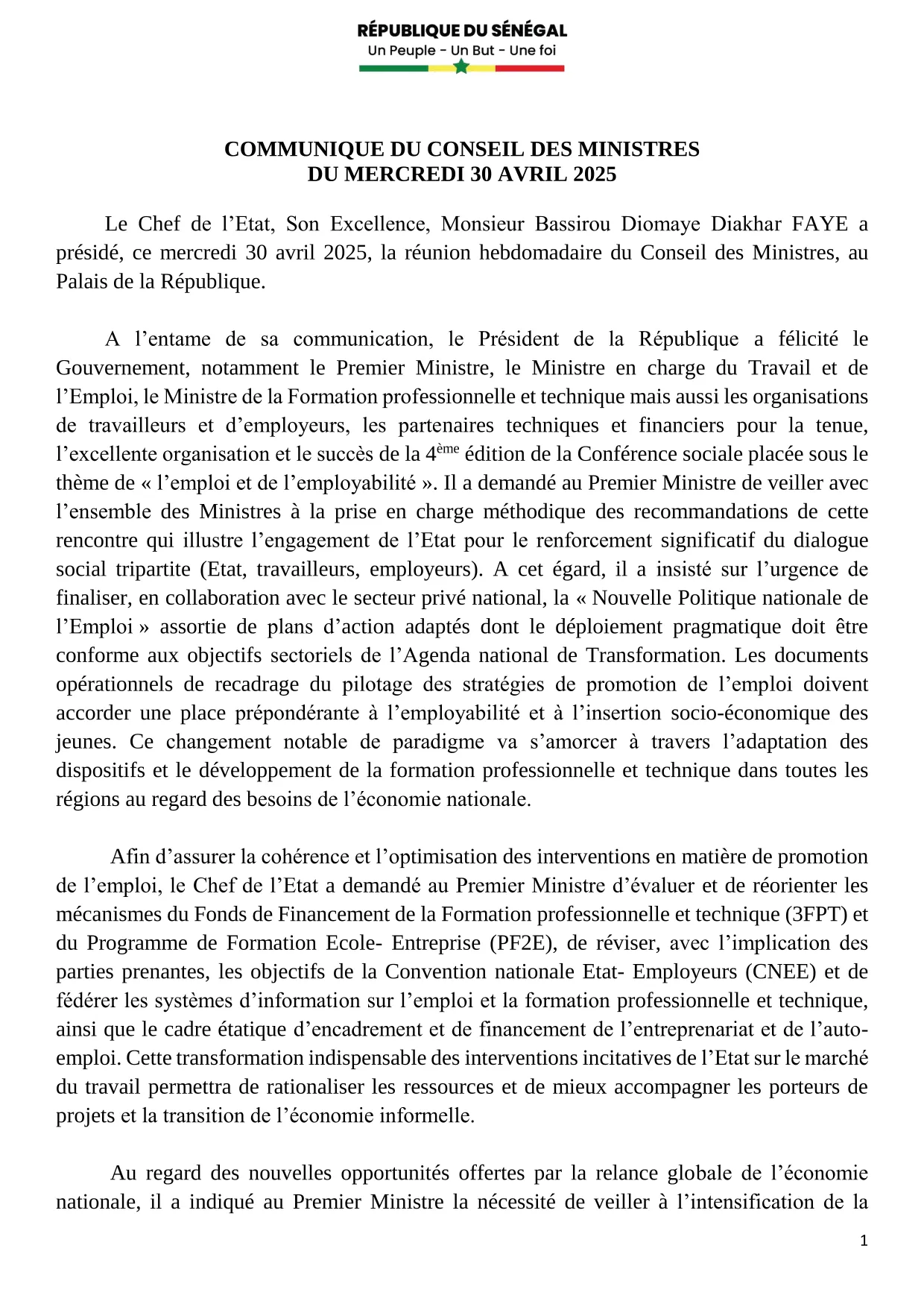 Conseil des ministres du 30 Avril 2025