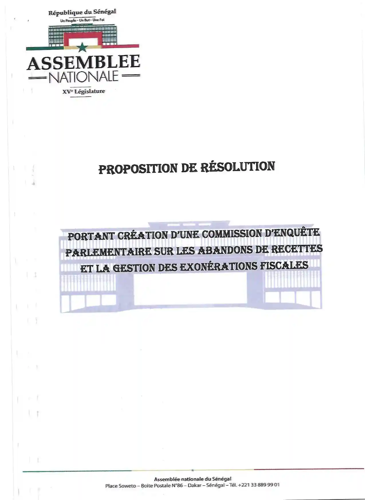 Proposition de résolution – commission d'enquête parlementaire sur les abandons de recettes et la gestion des exonérations fiscales au Sénégal