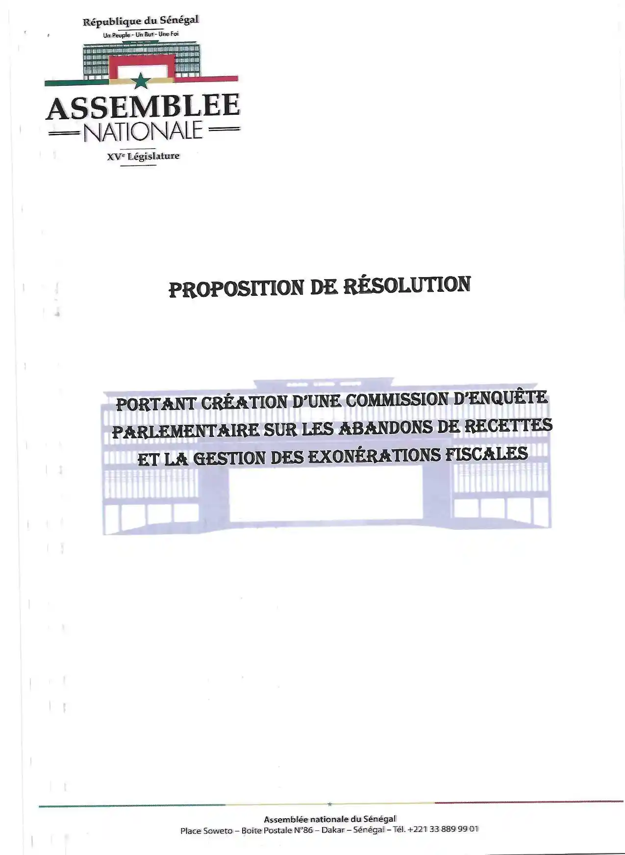 Proposition de résolution – commission d'enquête parlementaire sur les abandons de recettes et la gestion des exonérations fiscales au Sénégal