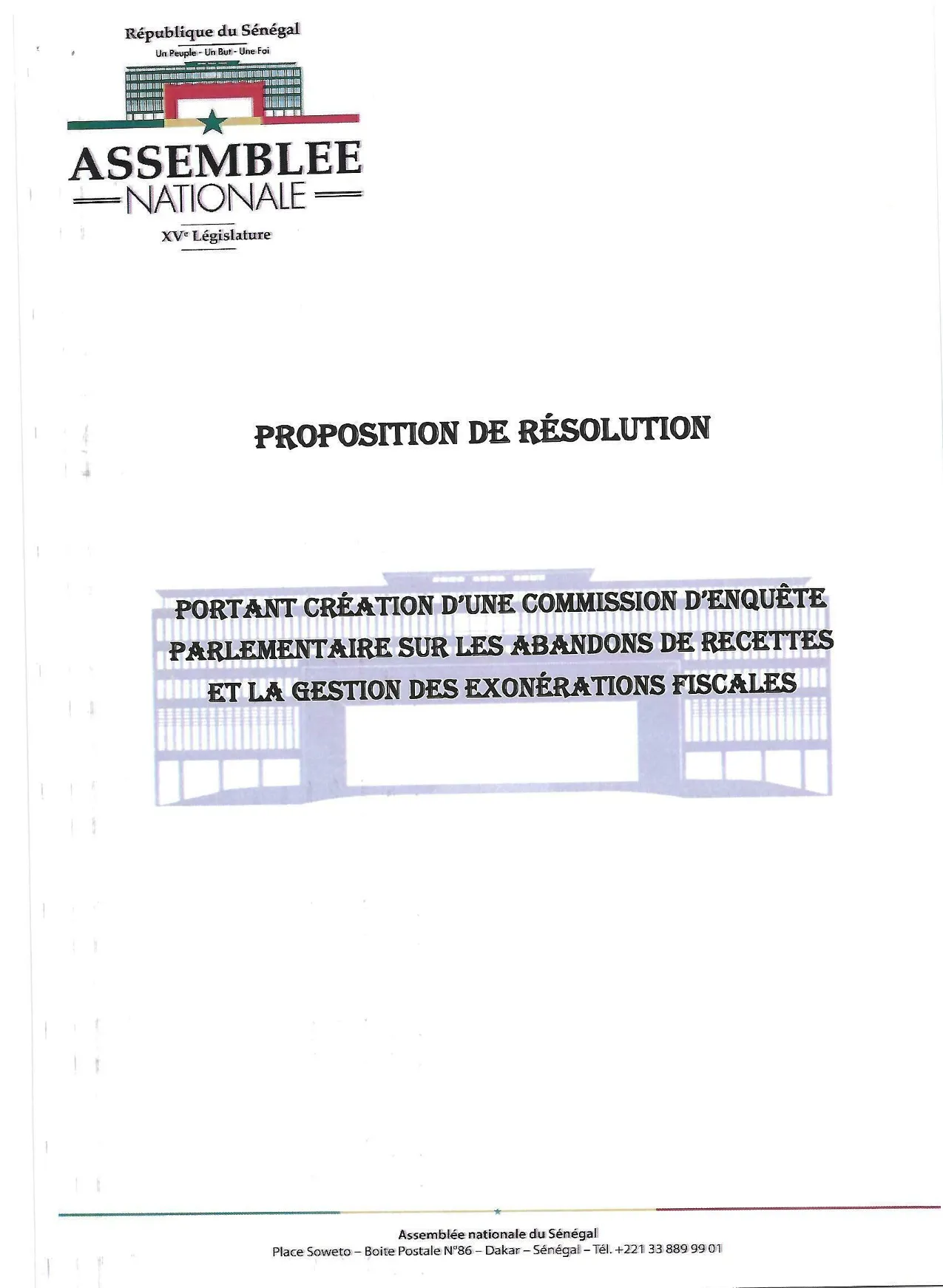 Proposition de résolution – commission d'enquête parlementaire sur les abandons de recettes et la gestion des exonérations fiscales au Sénégal
