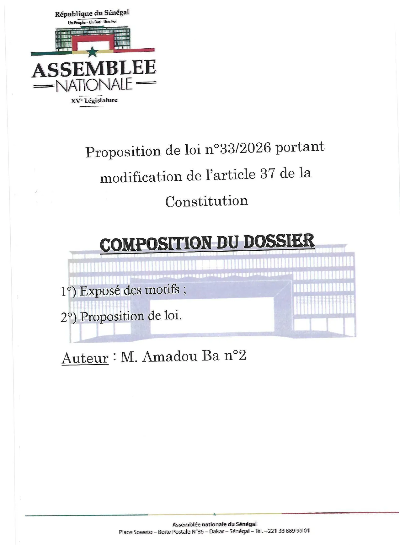 Proposition de loi n°33/2026 – Assemblée nationale du Sénégal – Modification de l'article 37 de la Constitution sur la déclaration de patrimoine du Président de la République