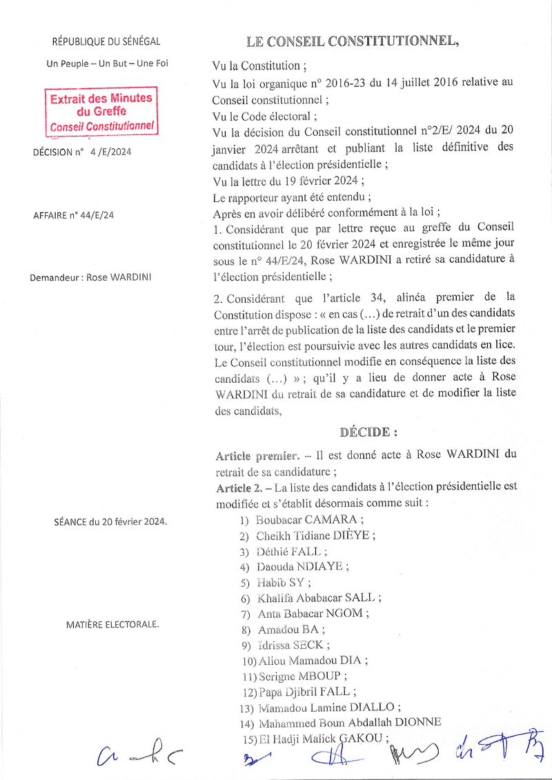 Décision n° 4/E/2024 du 20 février 2024 relative au retrait de la candidature de Rose WARDINI à l’élection présidentielle – Conseil constitutionnel du Sénégal