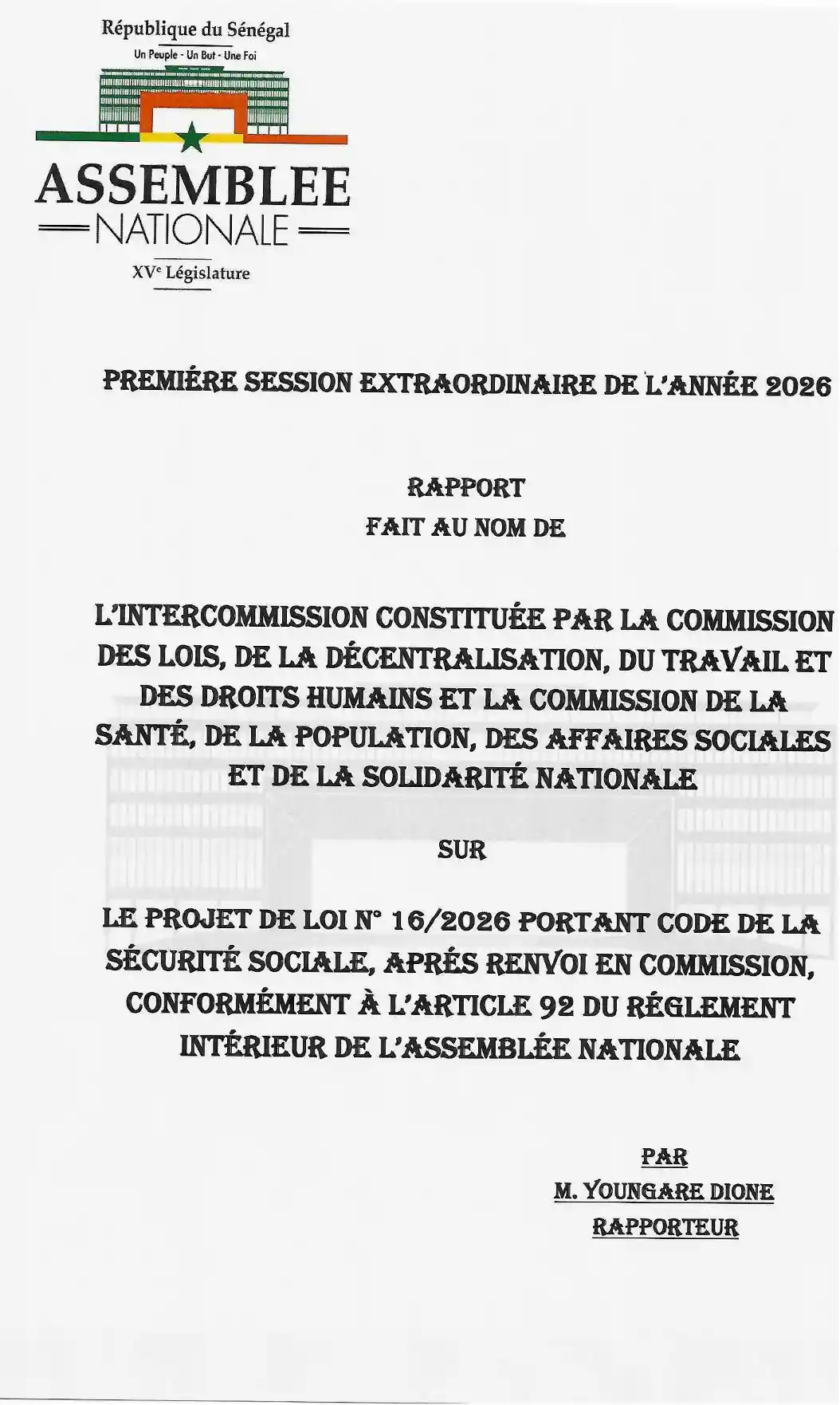 Rapport commission N°2 projet de loi n°16/2026 portant Code de la Sécurité sociale – Assemblée nationale du Sénégal