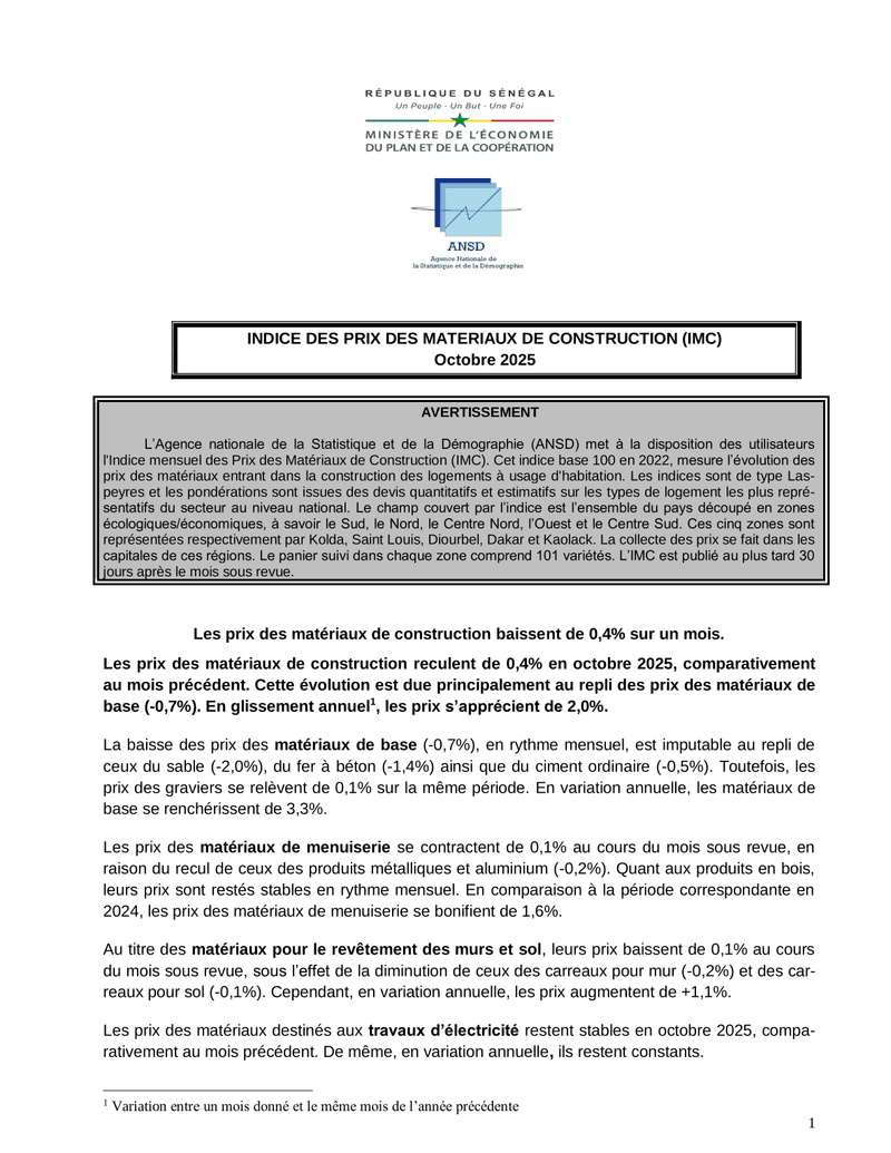 Indice des prix des matériaux de construction (IMC) Octobre 2025 – ANSD
