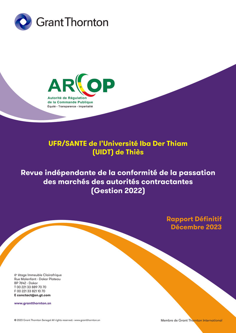 Rapport définitif de revue indépendante de la conformité de la passation des marchés de l’UFR Santé de l’Université Iba Der Thiam de Thiès, gestion 2022 – ARCOP