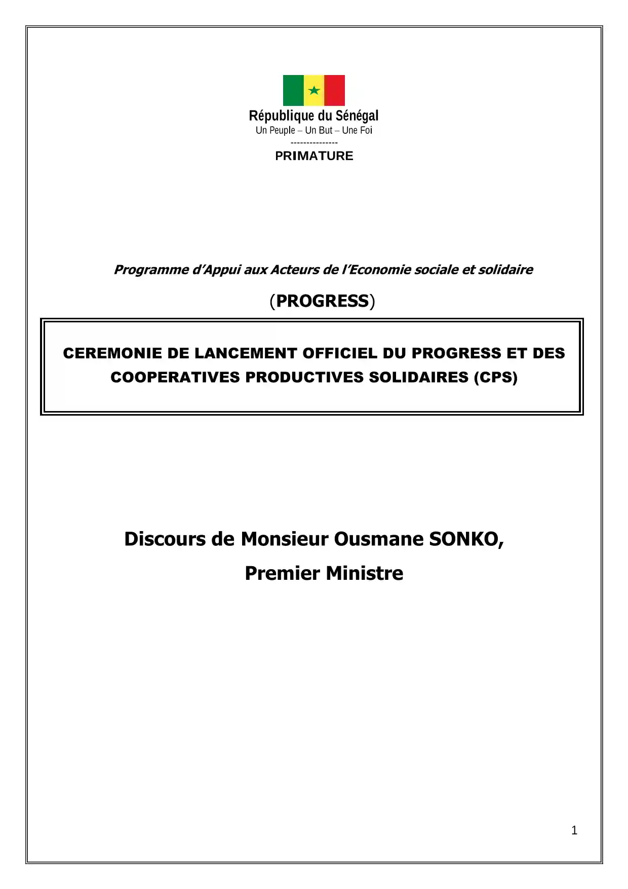 Discours Ousmane SONKO lancement PROGRESS et Coopératives Productives Solidaires (CPS)