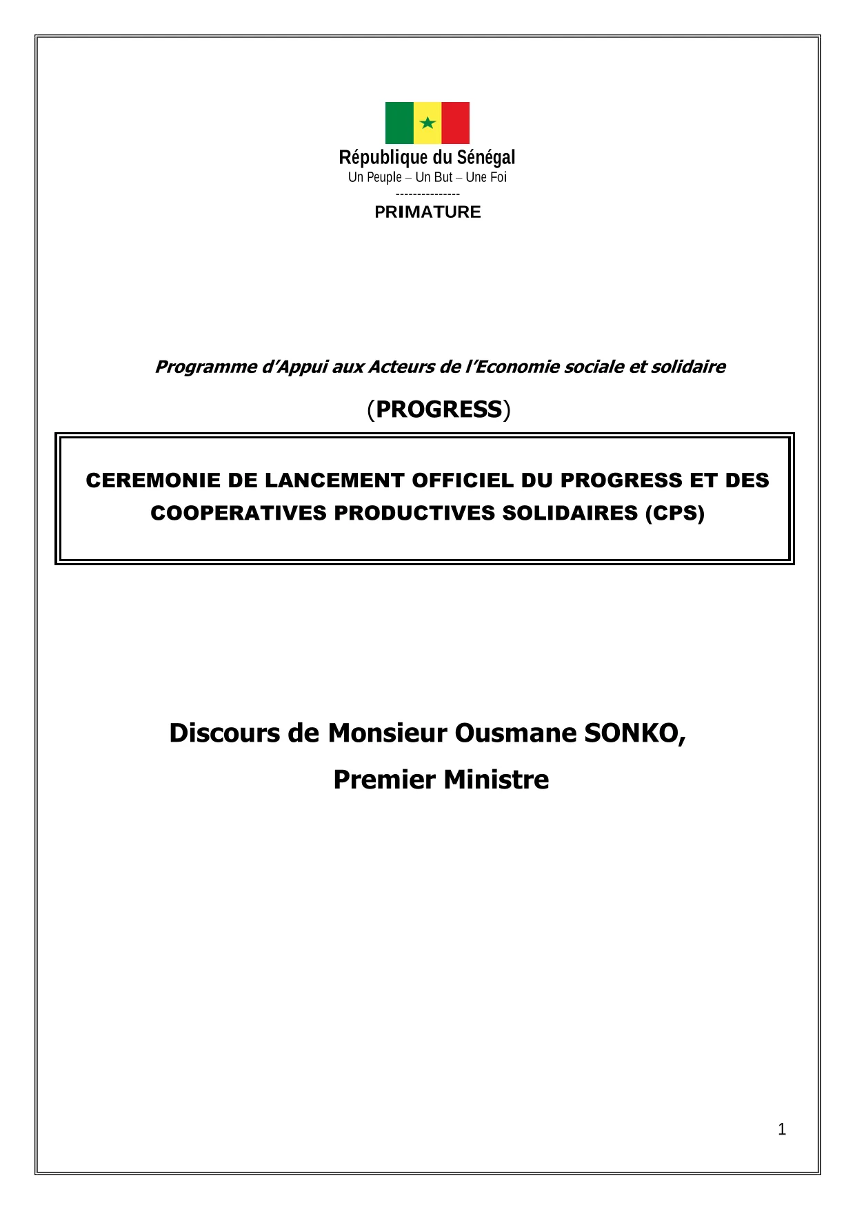 Discours Ousmane SONKO lancement PROGRESS et Coopératives Productives Solidaires (CPS)