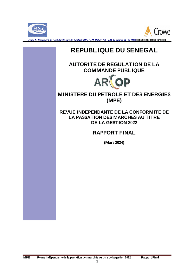 Rapport d’audit sur la passation des marchés du Ministère du Pétrole et des Énergies pour la gestion 2022 – ARCOP