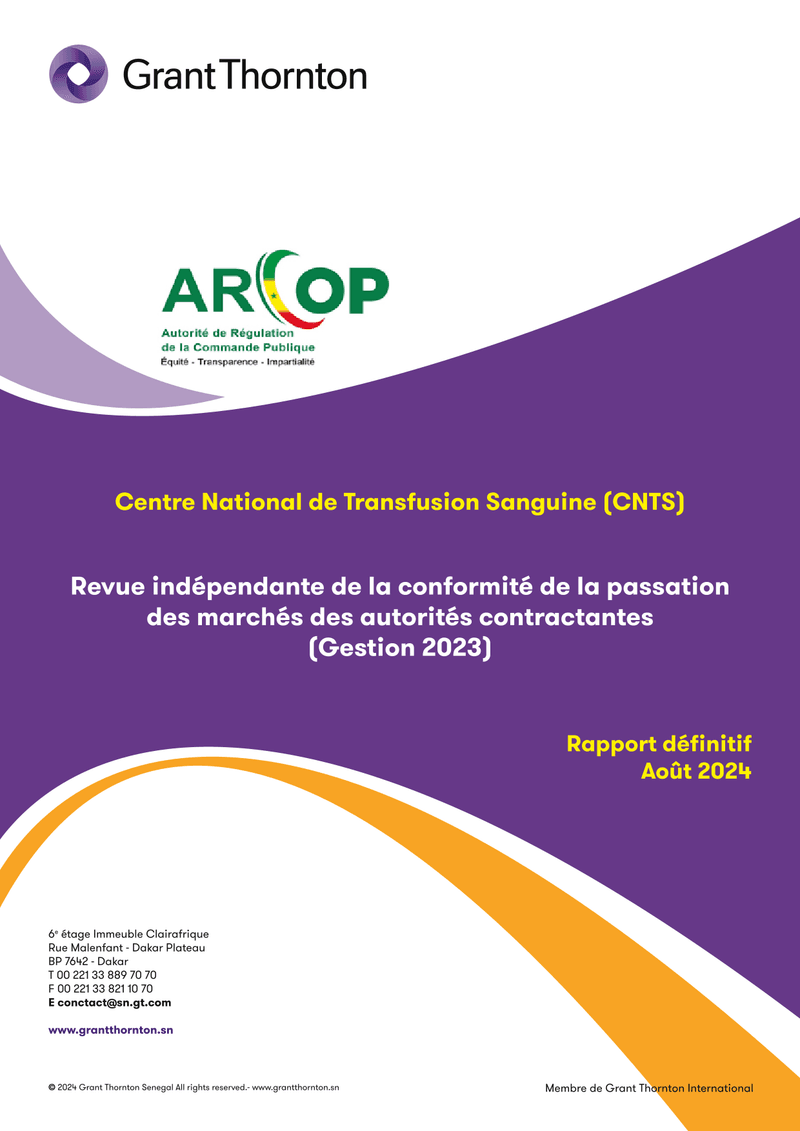 Rapport d’audit de conformité des marchés publics du Centre National de Transfusion Sanguine (CNTS) pour la gestion 2023 – ARCOP