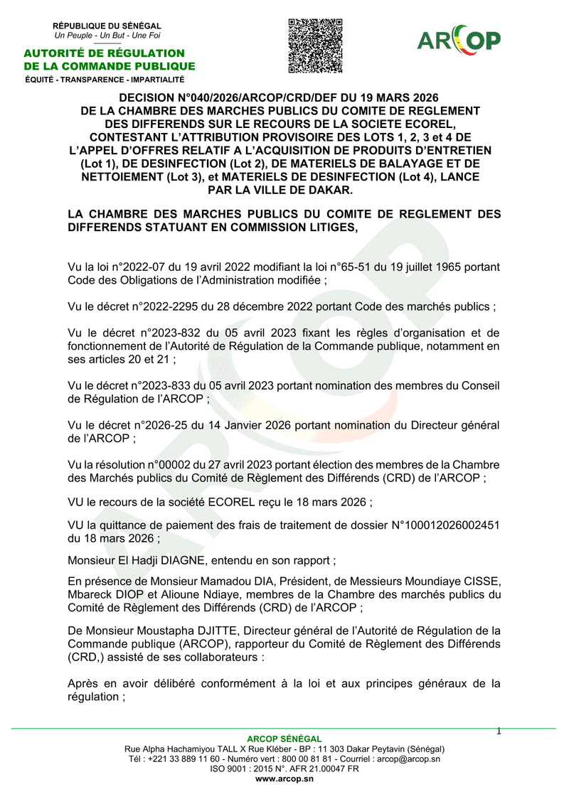 Décision n°040/2026/ARCOP/CRD/DEF du 19 mars 2026 sur le recours d’ÉCOREL relatif à l’attribution de lots de fournitures d’entretien par la Ville de Dakar – ARCOP