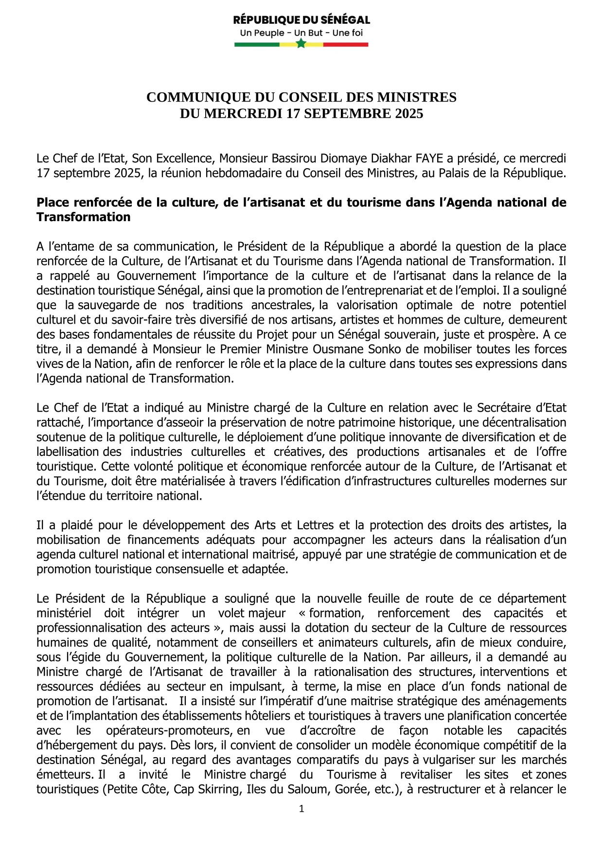 Conseil des ministres du 17 Septembre 2025