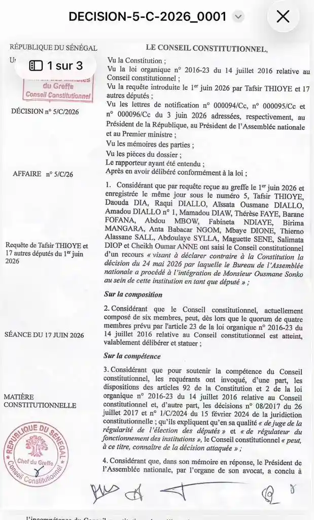 Décision n°5/C/2026 du Conseil constitutionnel sur la requête par 18 députés contre l'intégration d'Ousmane Sonko comme député