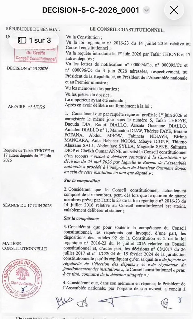 Décision n°5/C/2026 du Conseil constitutionnel sur la requête par 18 députés contre l'intégration d'Ousmane Sonko comme député