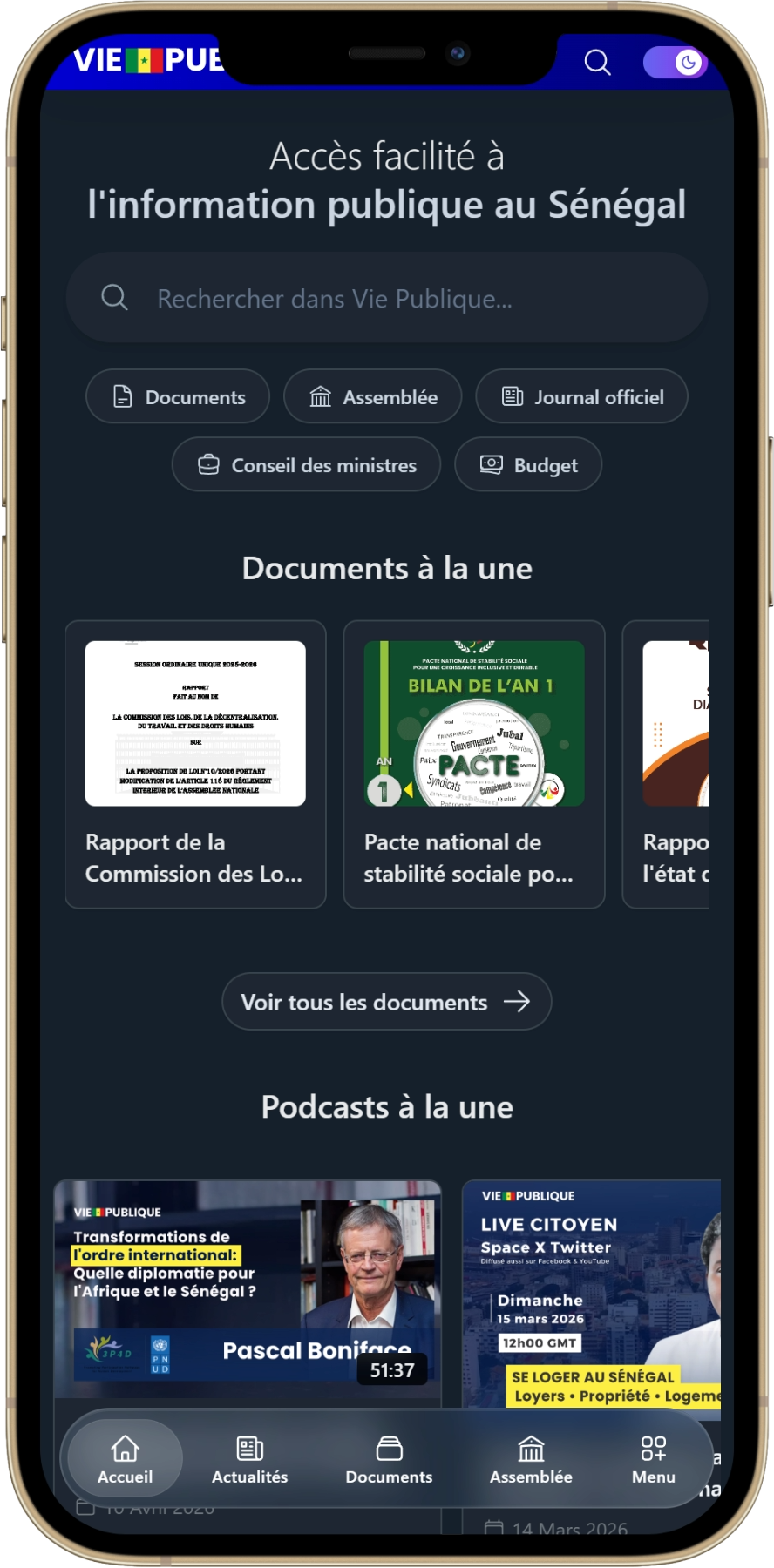 Page d'accueil mode sombre